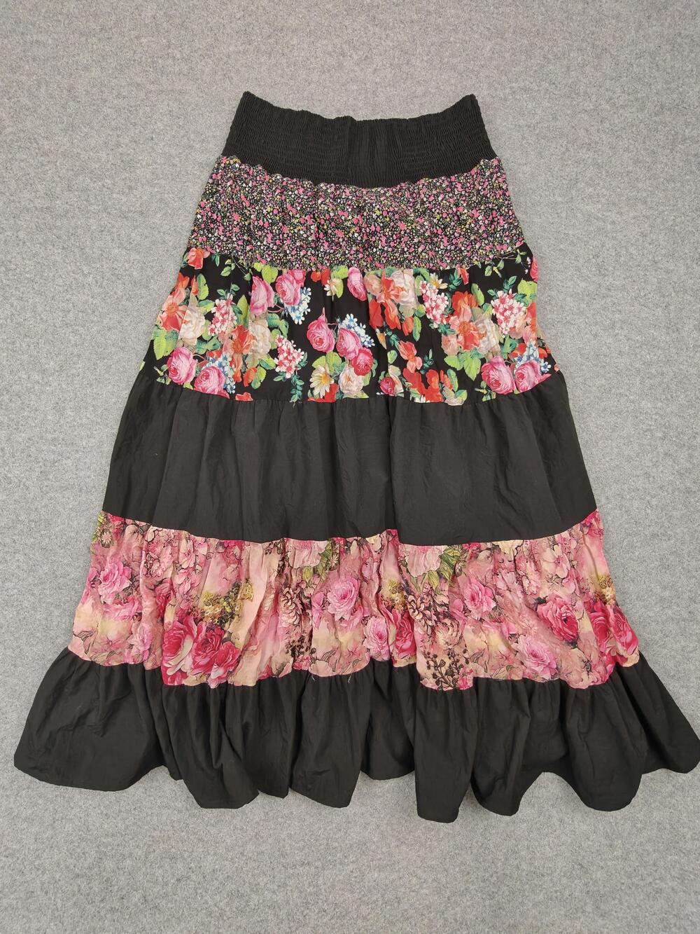 Calessa Skirt Womens Large Black Maxi Floral Layered Ruffle Elastic Waist